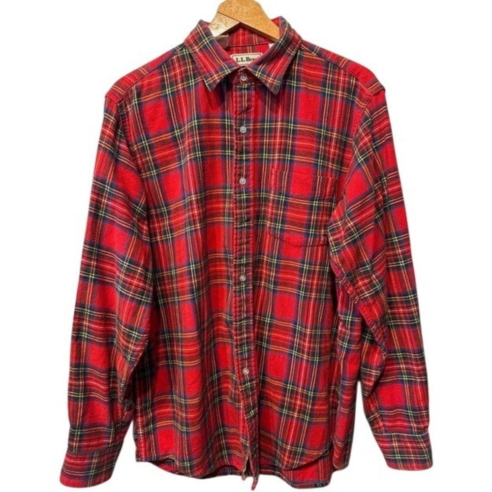 VTG LL Bean Men Red Scotch Plaid Flannel Shirt Cabin Gorpcore Cotton Size Large